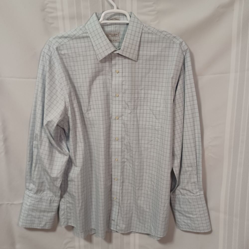 WH Belk Dress Shirt Men 17.5 34/35 Blue Plaid Luxury Non-Iron French Cuff Pocket